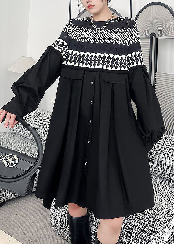 Women Black O Neck Knit Patchwork Cotton Dresses Spring