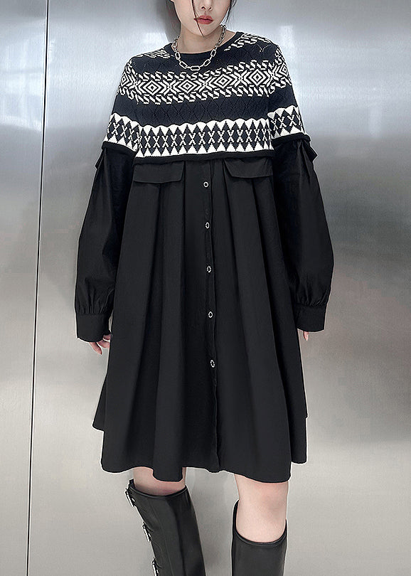 Women Black O Neck Knit Patchwork Cotton Dresses Spring