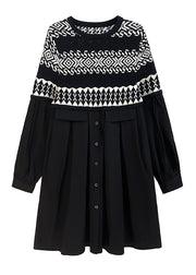 Women Black O Neck Knit Patchwork Cotton Dresses Spring