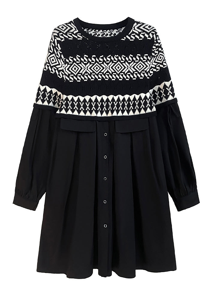 Women Black O Neck Knit Patchwork Cotton Dresses Spring