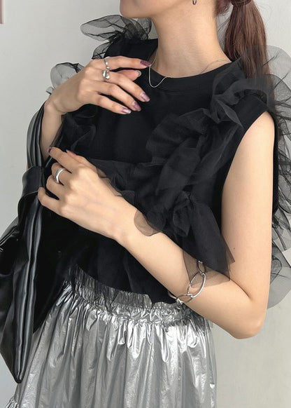 Women Black O-Neck Patchwork Tulle Vests Summer