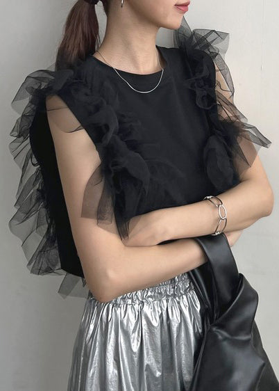 Women Black O-Neck Patchwork Tulle Vests Summer