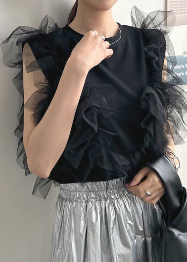 Women Black O-Neck Patchwork Tulle Vests Summer