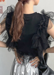 Women Black O-Neck Patchwork Tulle Vests Summer