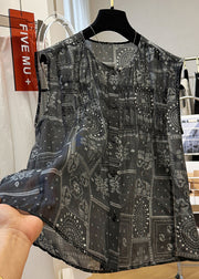 Women Black O Neck Print Button Cotton Tops Sleeveless
