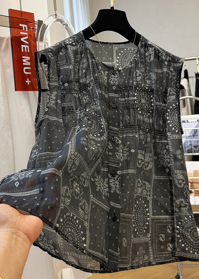Women Black O Neck Print Button Cotton Tops Sleeveless