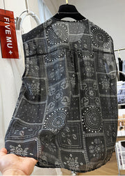 Women Black O Neck Print Button Cotton Tops Sleeveless