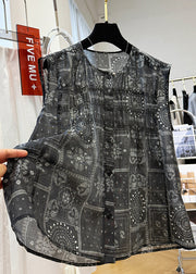 Women Black O Neck Print Button Cotton Tops Sleeveless