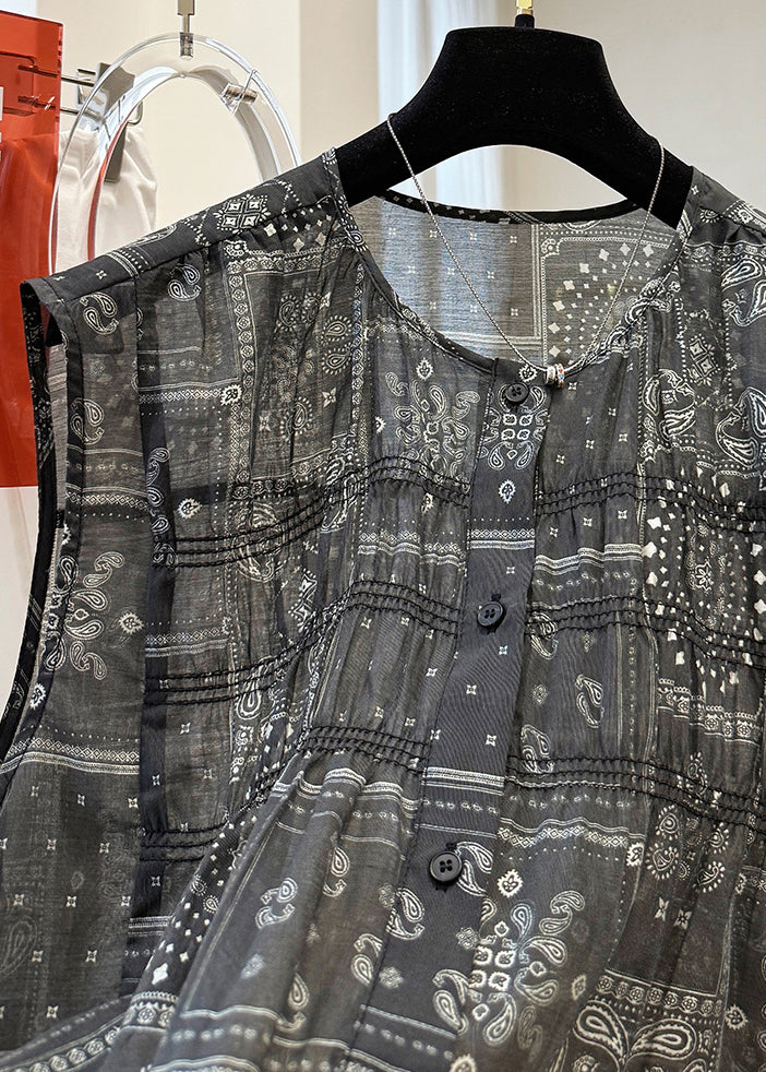 Women Black O Neck Print Button Cotton Tops Sleeveless