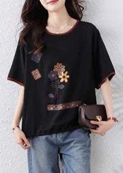 Women Black O Neck Print Lace Up Cotton T Shirt Summer
