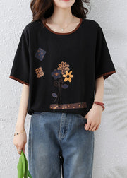 Women Black O Neck Print Lace Up Cotton T Shirt Summer