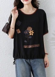 Women Black O Neck Print Lace Up Cotton T Shirt Summer