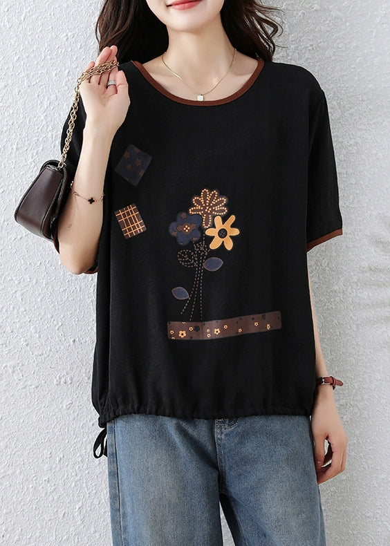Women Black O Neck Print Lace Up Cotton T Shirt Summer