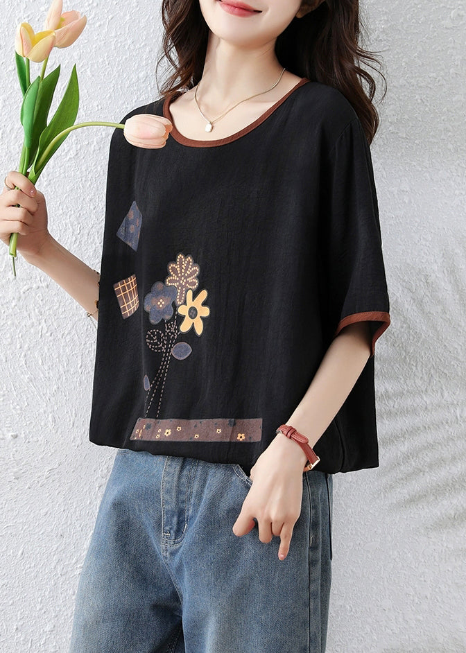 Women Black O Neck Print Lace Up Cotton T Shirt Summer