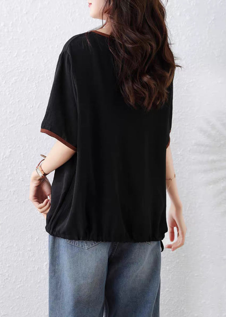 Women Black O Neck Print Lace Up Cotton T Shirt Summer