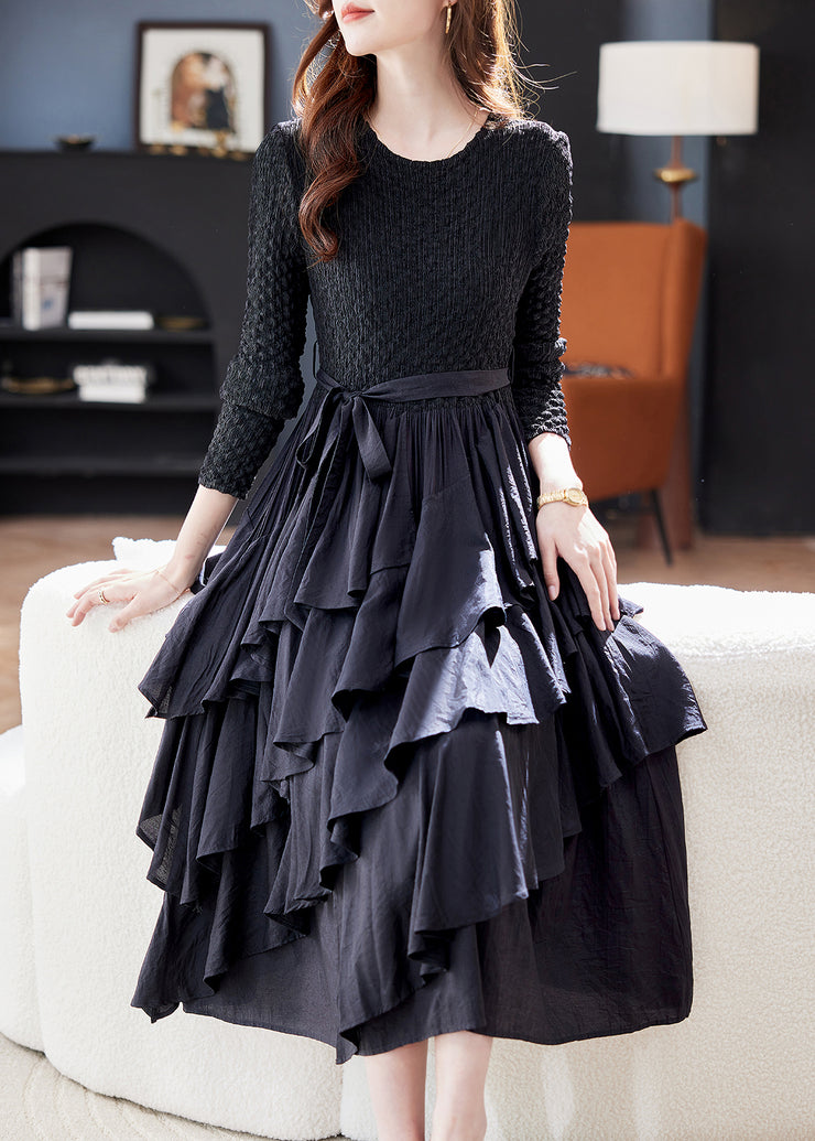 Women Black O Neck Ruffled Patchwork Cotton Dresses Spring