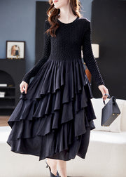 Women Black O Neck Ruffled Patchwork Cotton Dresses Spring