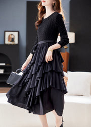 Women Black O Neck Ruffled Patchwork Cotton Dresses Spring