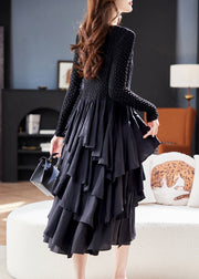 Women Black O Neck Ruffled Patchwork Cotton Dresses Spring