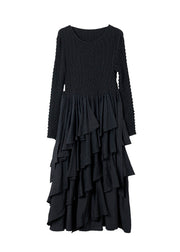 Women Black O Neck Ruffled Patchwork Cotton Dresses Spring