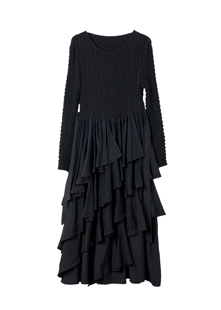 Women Black O Neck Ruffled Patchwork Cotton Dresses Spring