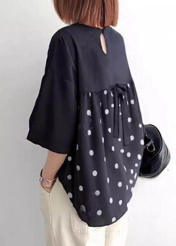 Women Black Oversized Patchwork Bow Cotton Shirt Tops Summer