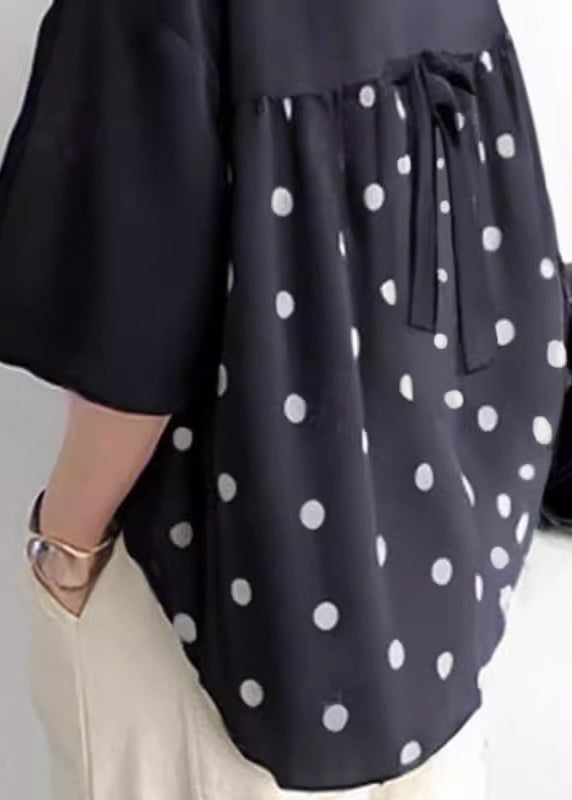 Women Black Oversized Patchwork Bow Cotton Shirt Tops Summer