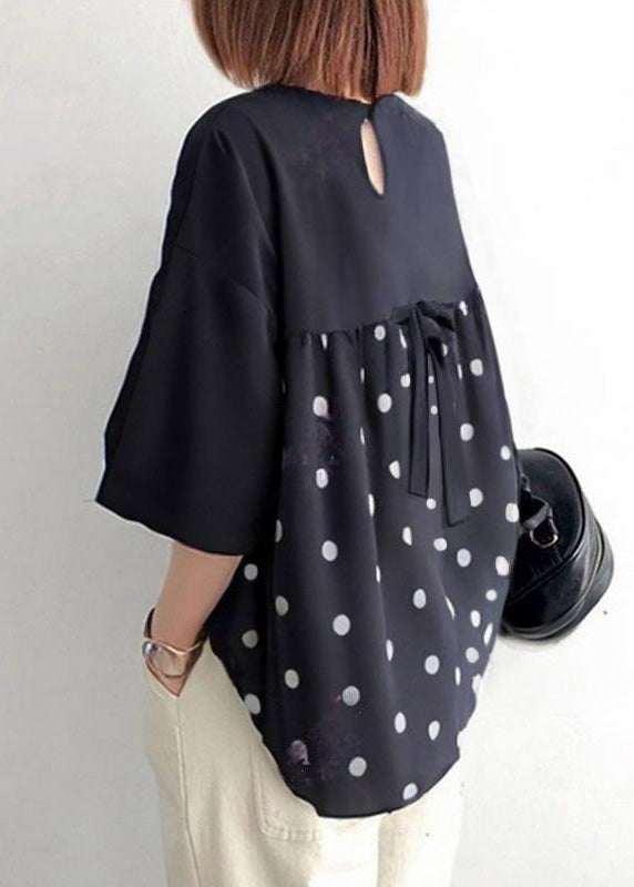 Women Black Oversized Patchwork Bow Cotton Shirt Tops Summer