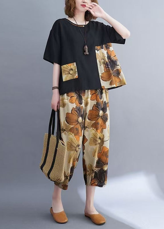 Women Black Oversized Patchwork Cotton Two-Piece Set Summer