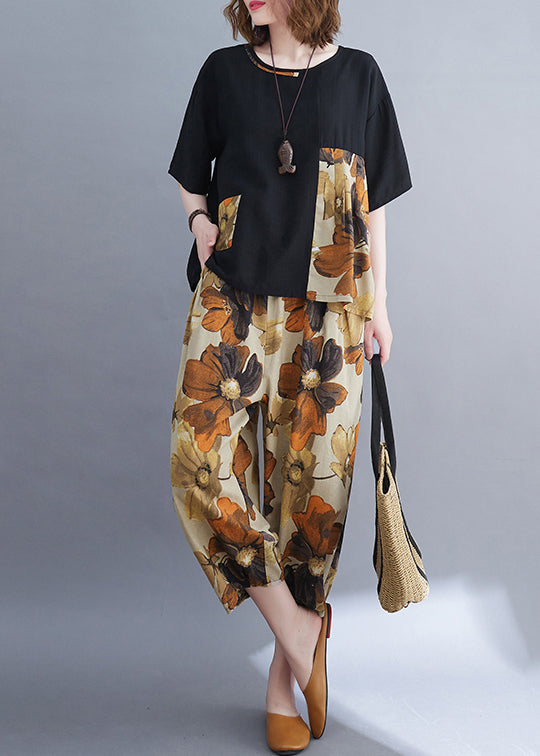 Women Black Oversized Patchwork Cotton Two-Piece Set Summer