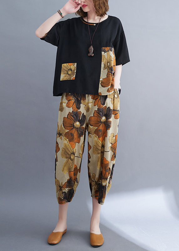 Women Black Oversized Patchwork Cotton Two-Piece Set Summer