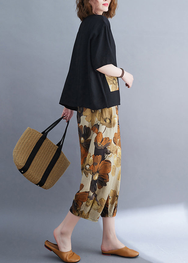Women Black Oversized Patchwork Cotton Two-Piece Set Summer