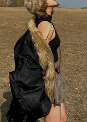 Women Black Oversized Patchwork Faux Fox Fur Coats Winter