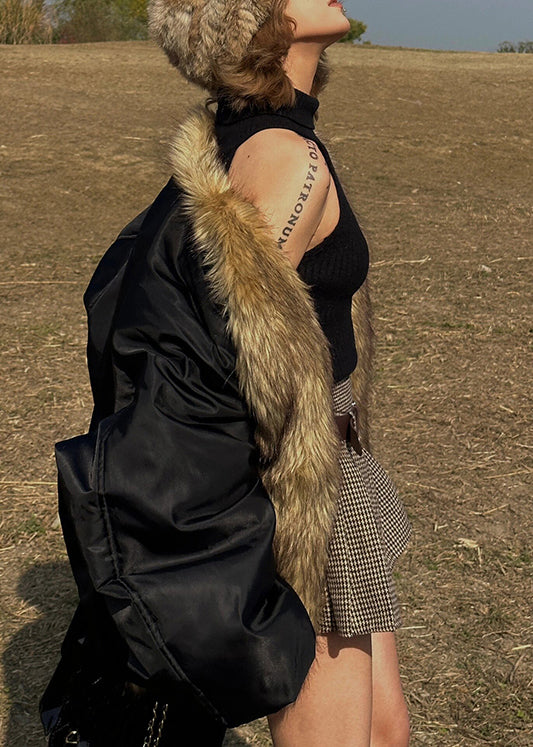 Women Black Oversized Patchwork Faux Fox Fur Coats Winter