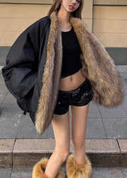 Women Black Oversized Patchwork Faux Fox Fur Coats Winter