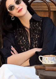 Women Black Oversized Patchwork Lace Hollow Out Shirt Tops Fall