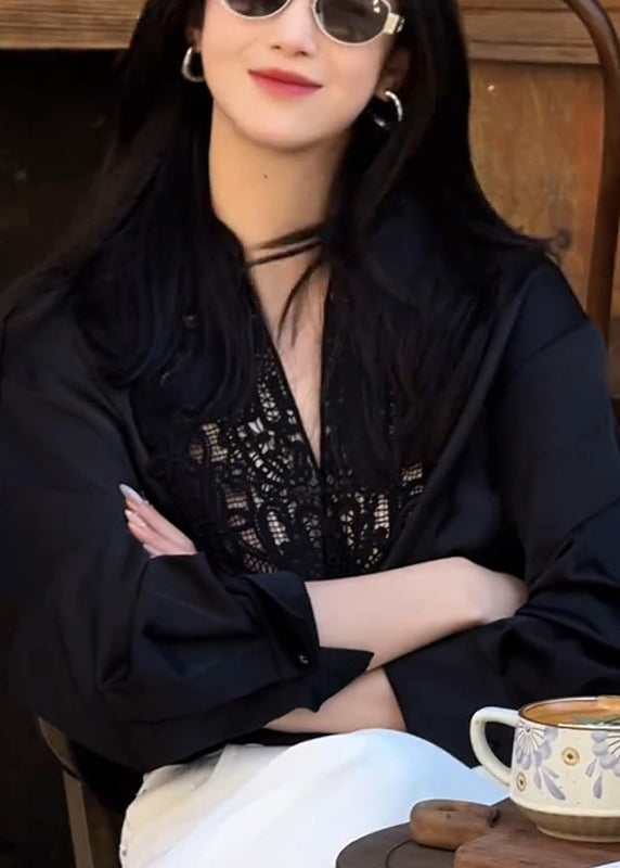 Women Black Oversized Patchwork Lace Hollow Out Shirt Tops Fall