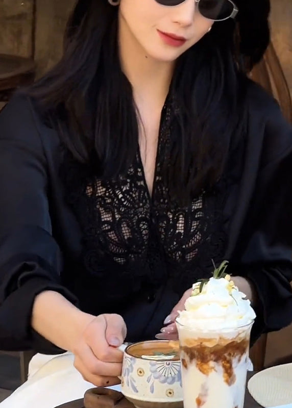 Women Black Oversized Patchwork Lace Hollow Out Shirt Tops Fall