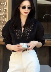 Women Black Oversized Patchwork Lace Hollow Out Shirt Tops Fall