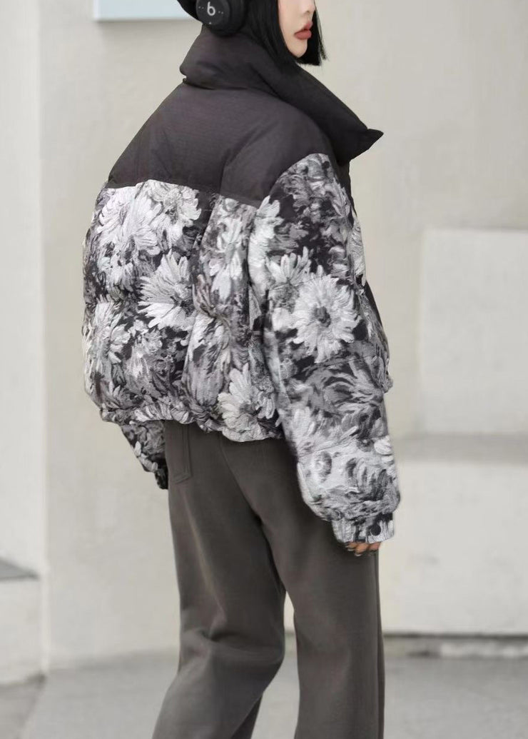 Women Black Oversized Print Duck Down Puffer Jacket Winter