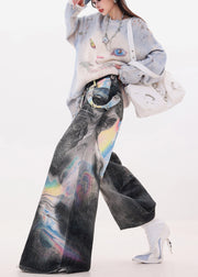 Women Black Oversized Tie Dye Denim Wide Leg Pants Fall