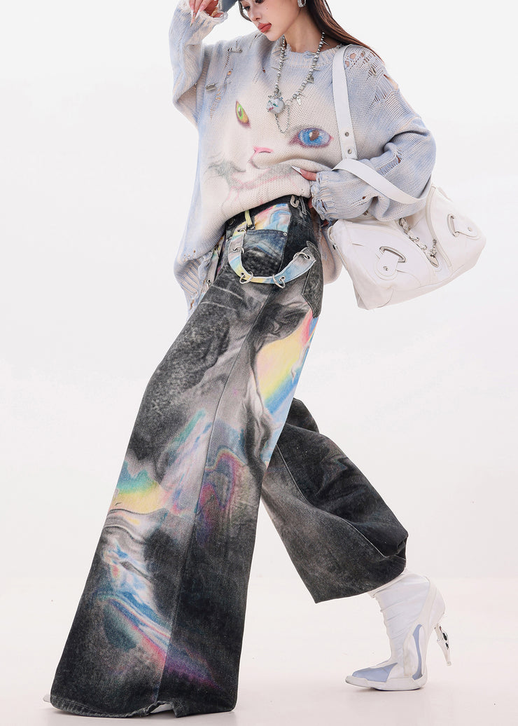Women Black Oversized Tie Dye Denim Wide Leg Pants Fall