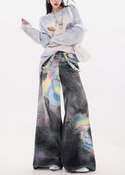 Women Black Oversized Tie Dye Denim Wide Leg Pants Fall