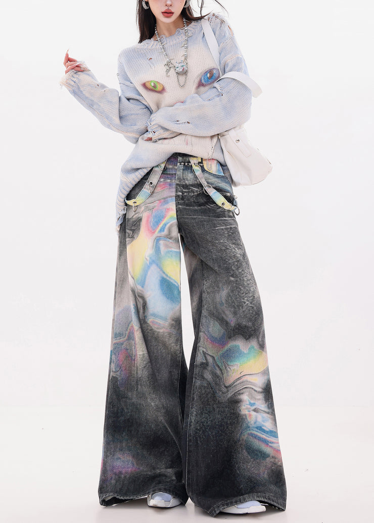 Women Black Oversized Tie Dye Denim Wide Leg Pants Fall