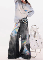 Women Black Oversized Tie Dye Denim Wide Leg Pants Fall