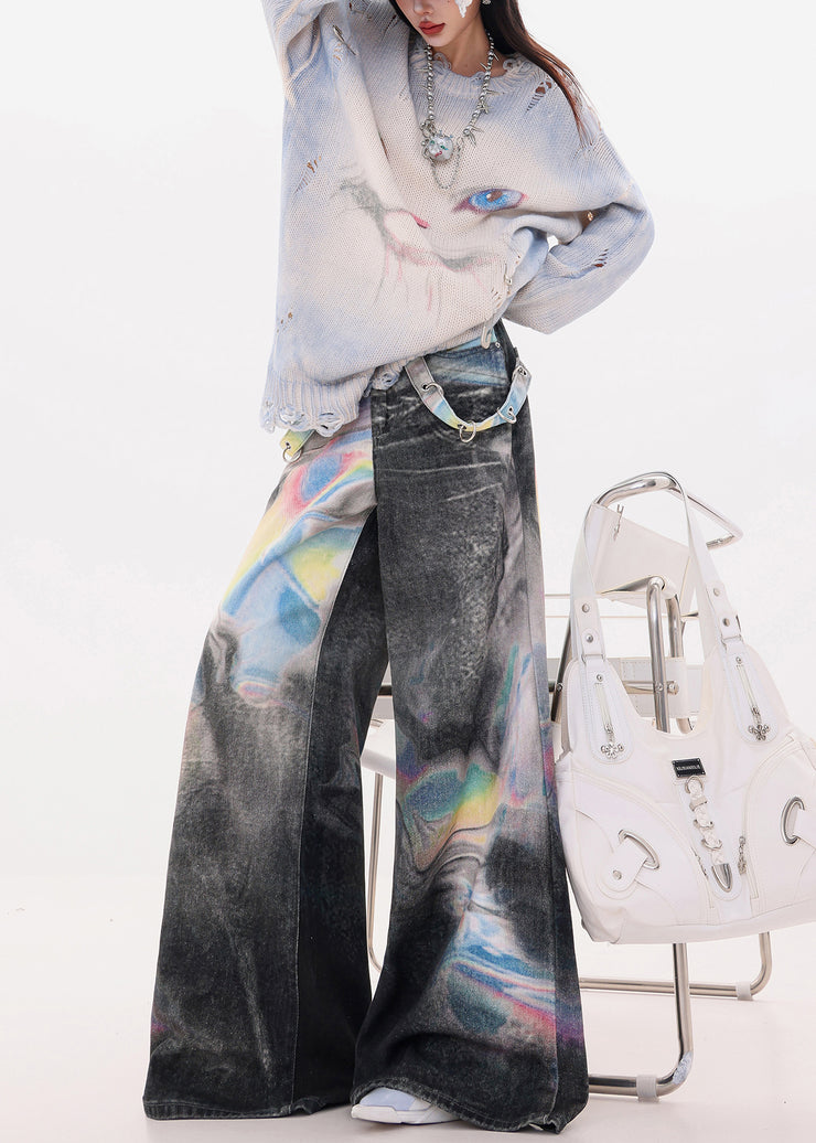 Women Black Oversized Tie Dye Denim Wide Leg Pants Fall