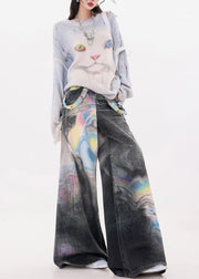Women Black Oversized Tie Dye Denim Wide Leg Pants Fall