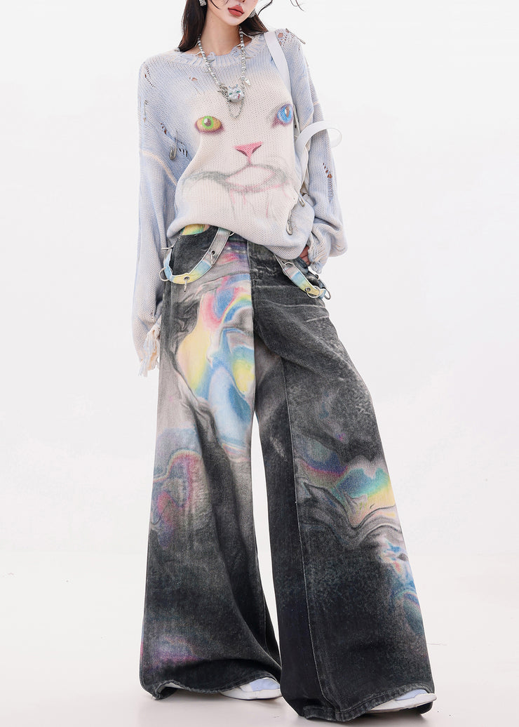 Women Black Oversized Tie Dye Denim Wide Leg Pants Fall
