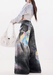 Women Black Oversized Tie Dye Denim Wide Leg Pants Fall