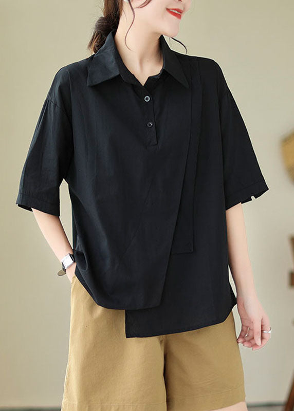 Women Black Peter Pan Collar Asymmetrical Design Cotton Top Summer